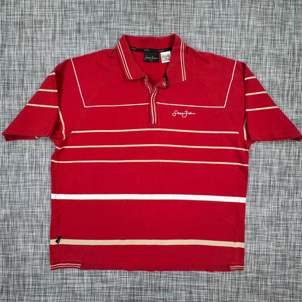 Sean John Men's Polo Shirt XXL Red White Striped 100% Cotton Embroidered Logo
